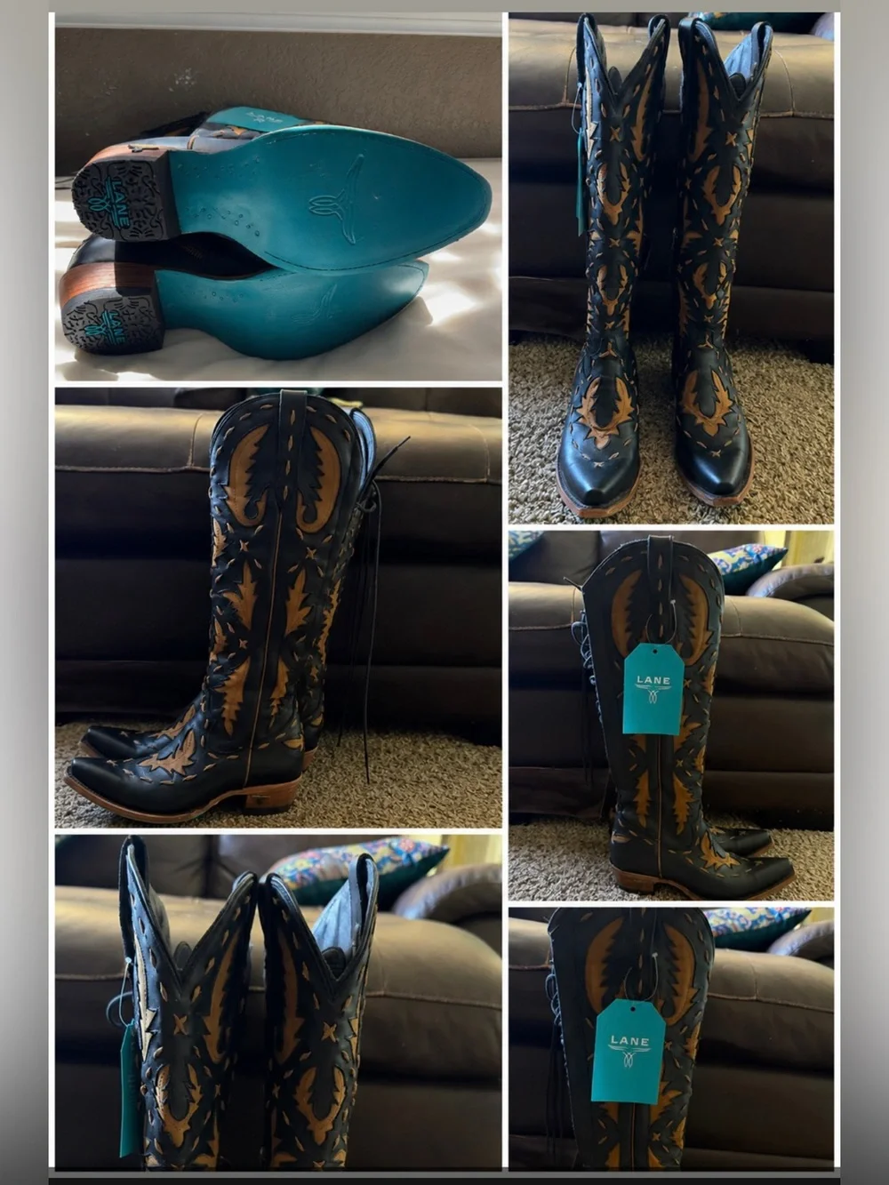 Lane Black & Brown Tooled Leather Over-the-Knee Boots